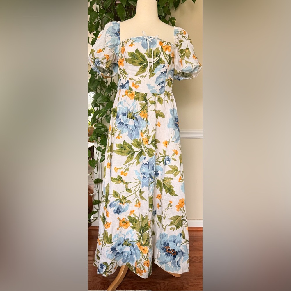 Reformation Marbella Floral Midi Linen A-Line Dress Botanist‎ Puff Sleeve Size 8 - Picture 4 of 15